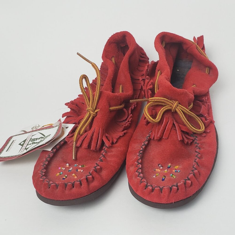 Red suede leather beaded Bastien Industries Moccasins 10 New